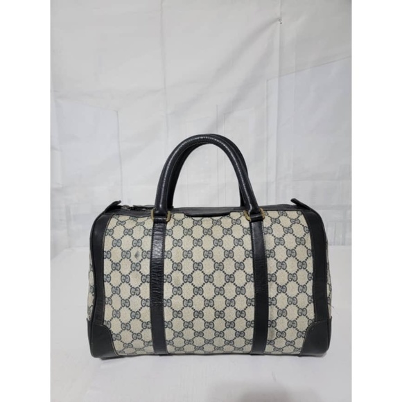 Authentic Gucci Vintage Canvas Gg Pattern Boston Bag Navy Blue/Beige - Picture 4 of 12